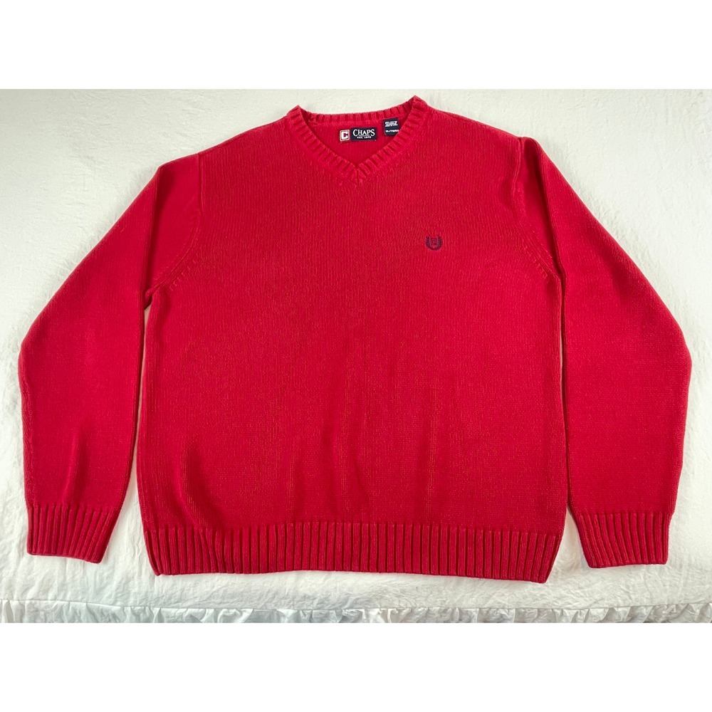 00399‎ - Chaps Mens XL Red V Neck Knit Sweater Long Sleeve Classic Pullover